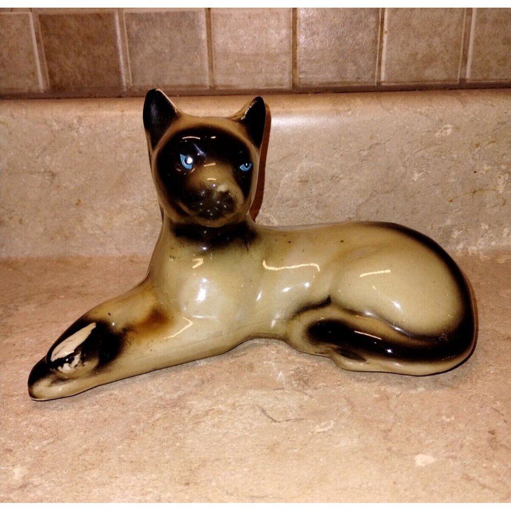 Vintage MCM Porcelain Siamese Cat Figurine Made in Brazil Stunning Blue Eyes